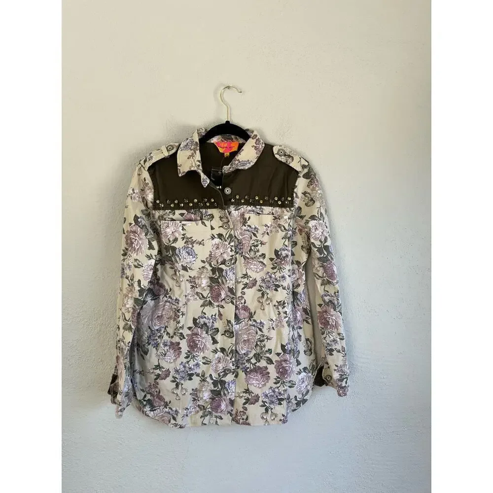 Anthropologie English Roses Woman  Floral Studded Denim Jacket, Size Med…